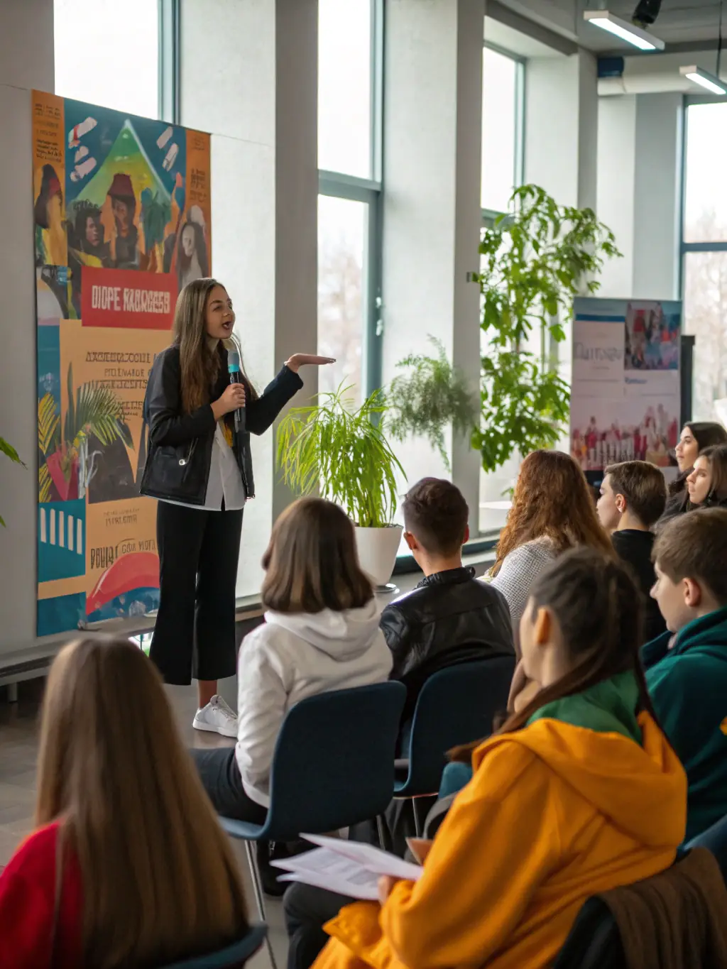 A group of students listening attentively to a presentation about the Resistance, delivered by a member of A.N.A.C.R. LES AMIS DE LA RESISTANCE, highlighting the importance of education.