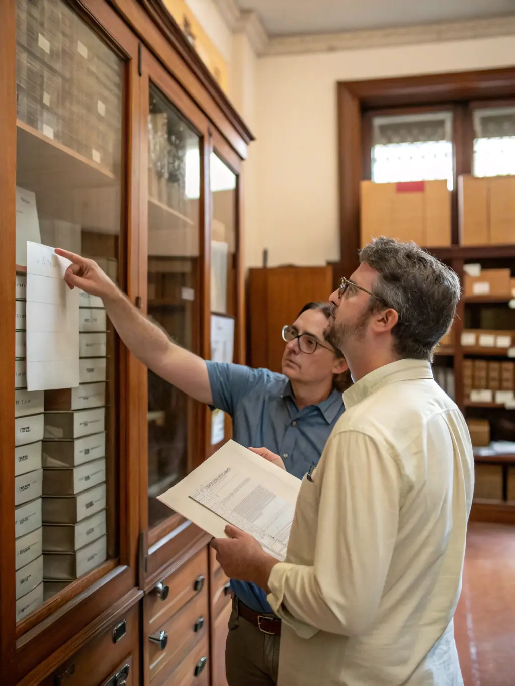 A photograph of historical documents being carefully archived by volunteers at A.N.A.C.R. LES AMIS DE LA RESISTANCE, showcasing the meticulous process of preserving Resistance history.